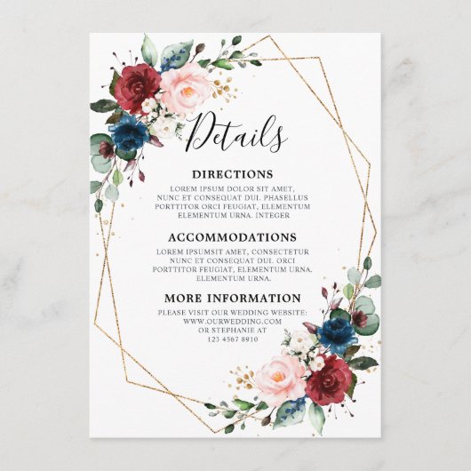 Burgundy Navy Blush Floral Gold Geometric Wedding エンクロージャーカード (正面)