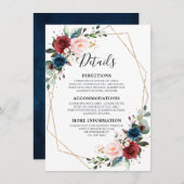 Burgundy Navy Blush Floral Gold Geometric Wedding エンクロージャーカード (正面/裏面)