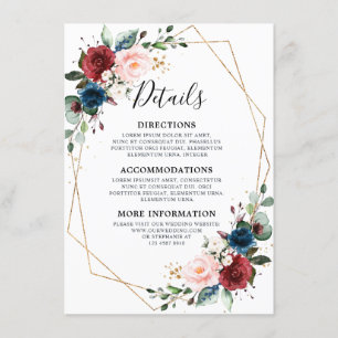 Burgundy Navy Blush Floral Gold Geometric Wedding エンクロージャーカード