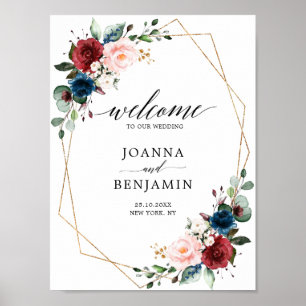 Burgundy Navy Blush Gold Geometric Wedding welcome ポスター