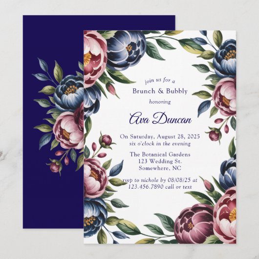 Burgundy Navy Blush Peony Brunch and Bubbly 招待状 (正面/裏面)