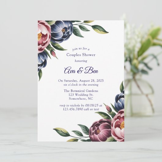 Burgundy Navy Blush Peony Couples Shower 招待状 (スタンド正面)