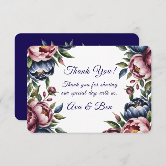 Burgundy Navy Blush Peony Wedding サンキューカード (正面/裏面)