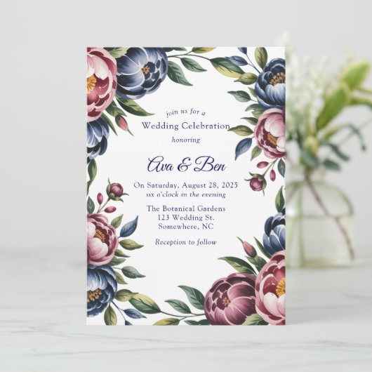 Burgundy Navy Blush Peony Wedding 招待状 (スタンド正面)