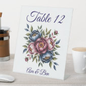 Burgundy Navy & Blush Peony Wedding Table Number 台座サイン (インサイチュ)