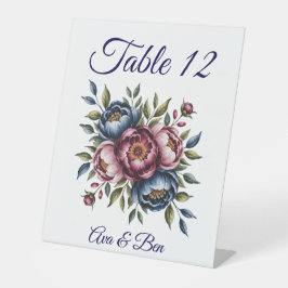 Burgundy Navy & Blush Peony Wedding Table Number 台座サイン