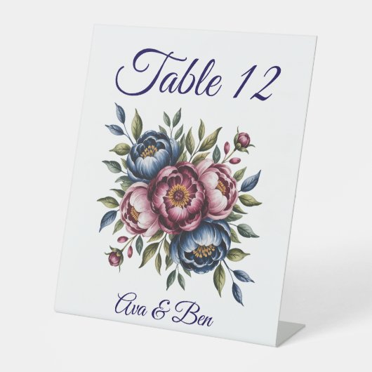 Burgundy Navy & Blush Peony Wedding Table Number 台座サイン (正面)