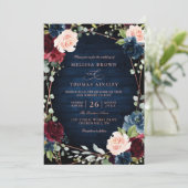 Burgundy Navy Blush Rose Gold QR Code Wedding 招待状 (スタンド正面)