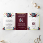 Burgundy Navy Floral Ampersand QR Code Wedding 三つ折り招待状 (内部)