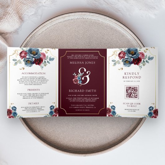 Burgundy Navy Floral Ampersand QR Code Wedding 三つ折り招待状
