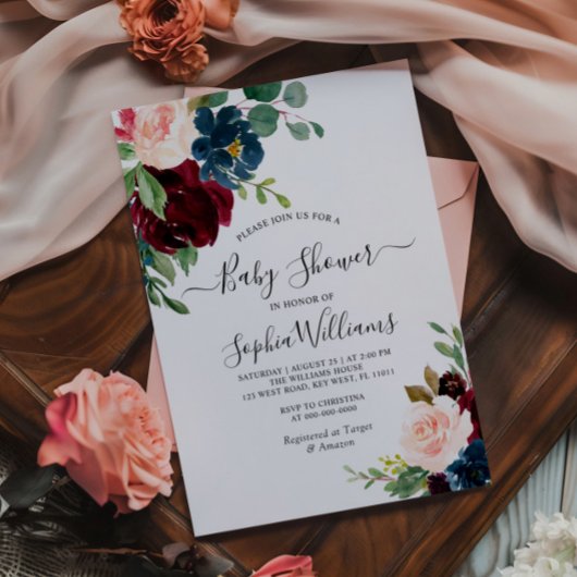 Burgundy & Navy Floral Baby Shower Invitation 招待状