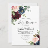 Burgundy & Navy Floral Baby Shower Invitation 招待状 (正面)