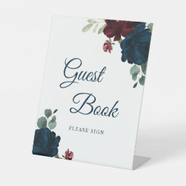 Burgundy & Navy Floral Rustic Wood Guest Book Sign 台座サイン