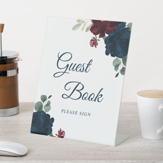 Burgundy & Navy Floral Rustic Wood Guest Book Sign 台座サイン (インサイチュ)