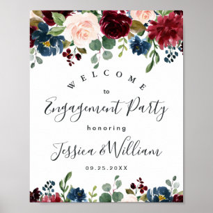 Burgundy Navy Floral Welcome Engagement Party Sign ポスター