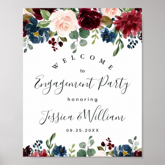 Burgundy Navy Floral Welcome Engagement Party Sign ポスター (正面)