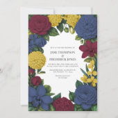 Burgundy, Navy & Gold Floral Wedding 招待状 (正面)