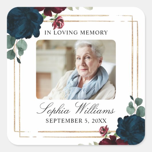 Burgundy & Navy  Memorial Funeral Square Sticker スクエアシール (正面)
