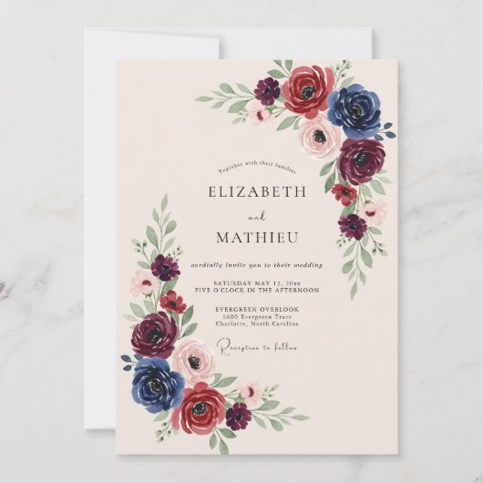 Burgundy Navy Opulent Winter Wedding 招待状 (正面)