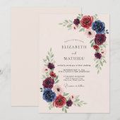 Burgundy Navy Opulent Winter Wedding 招待状 (正面/裏面)