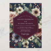 Burgundy Navy Painterly Bloom Wedding 招待状 (正面)