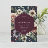 Burgundy Navy Painterly Bloom Wedding 招待状 (スタンド正面)