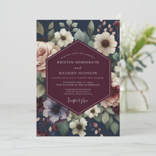 Burgundy Navy Painterly Bloom Wedding 招待状 (スタンド正面)