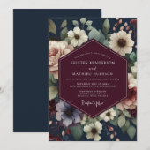 Burgundy Navy Painterly Bloom Wedding 招待状 (正面/裏面)