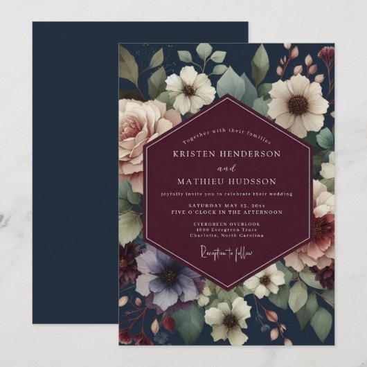 Burgundy Navy Painterly Bloom Wedding 招待状 (正面/裏面)