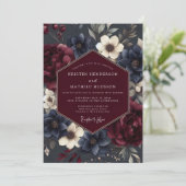 Burgundy Navy Somber Flora Wedding 招待状 (スタンド正面)