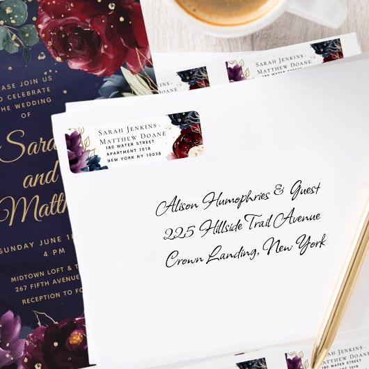 Burgundy Navy Wedding Return Address Label ラベル