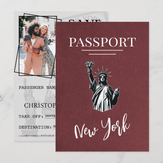 Burgundy New York City Passport日付の保存 セーブザデート (正面/裏面)