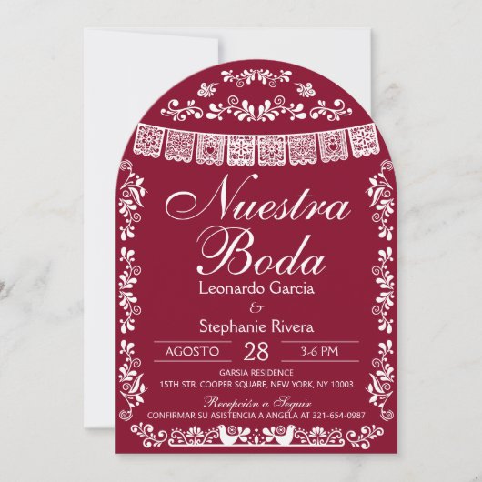 Burgundy Nuestra Boda Papel Picado Spanish Wedding 招待状 (正面)