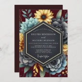 Burgundy Ochre Rich Floral Wedding 招待状 (正面/裏面)