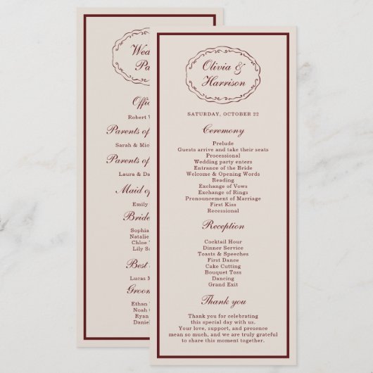Burgundy Old Money Wedding Program Card 招待状 (正面/裏面)