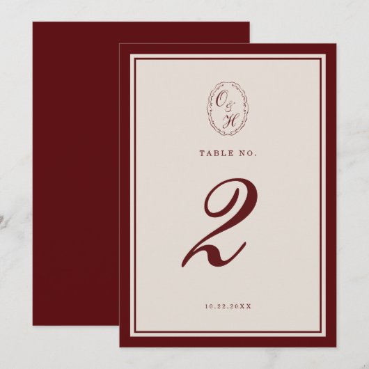 Burgundy Old Money Wedding Table Number 招待状 (正面/裏面)