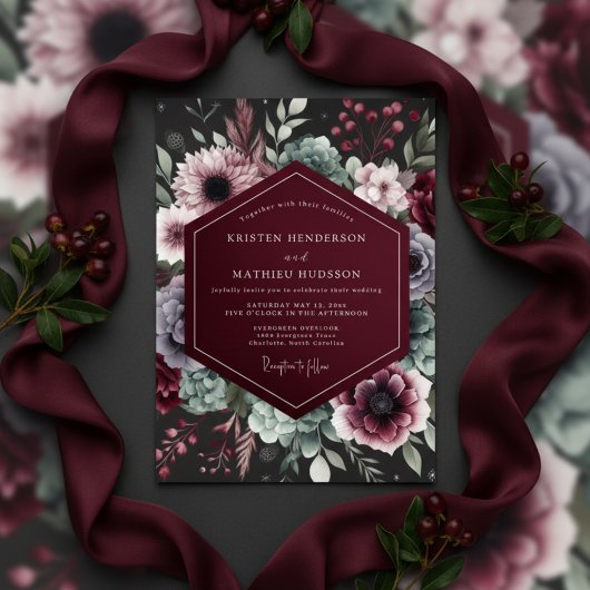 Burgundy Opulent Bloom Wedding 招待状