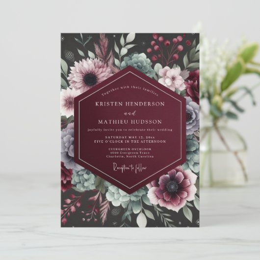 Burgundy Opulent Bloom Wedding 招待状 (スタンド正面)