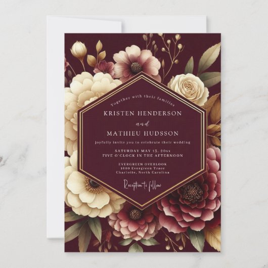 Burgundy Opulent Flora Wedding 招待状 (正面)