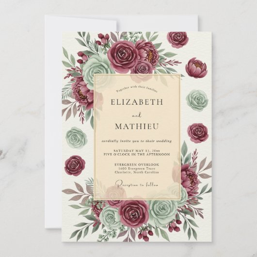 Burgundy Opulent Succulent Wedding 招待状 (正面)