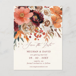 Burgundy Orange Floral Fall Save the Date 案内ポストカード