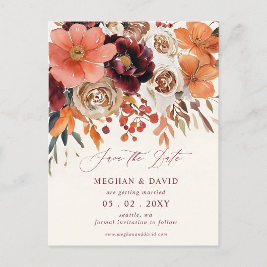 Burgundy Orange Floral Fall Save the Date 案内ポストカード (正面)