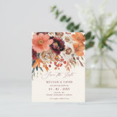 Burgundy Orange Floral Fall Save the Date 案内ポストカード (スタンド正面)