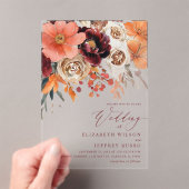 Burgundy Orange Floral Fall Wedding アクリル招待状 (インサイチュ (ポータブル))