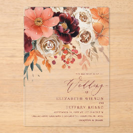 Burgundy Orange Floral Fall Wedding アクリル招待状