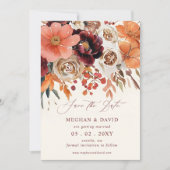 Burgundy Orange Floral Fall Wedding セーブザデート (正面)