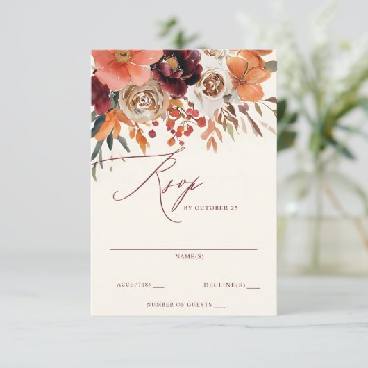 Burgundy Orange Floral Fall Wedding 出欠カード (スタンド正面)