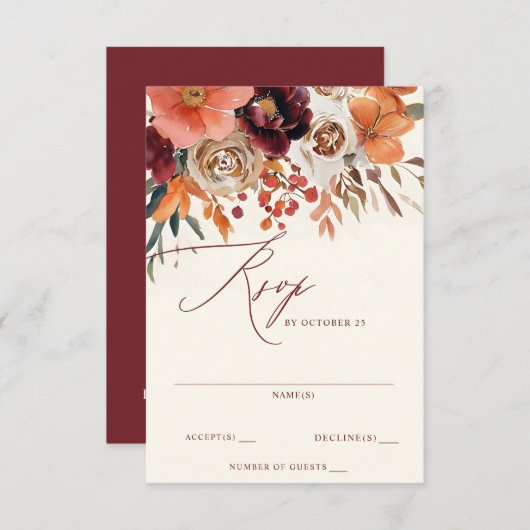Burgundy Orange Floral Fall Wedding 出欠カード (正面/裏面)