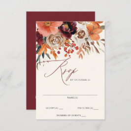 Burgundy Orange Floral Fall Wedding 出欠カード
