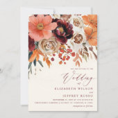 Burgundy Orange Floral Fall Wedding 招待状 (正面)